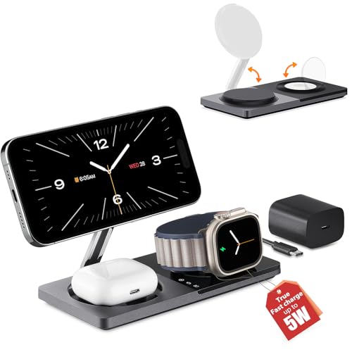 3-in-1 Wireless Charging Station for Apple Device - Fast Charging Station for iPhone and Watch with MagSafe, Foldable Charger Stand for iPhone 12-15 & iPhone 16 & iWatch & AirPods