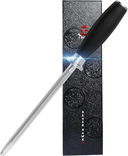 TUO Honing Steel Manual Knife Sharpener 8 inch German High Carbon Stainless Steel Sharpening Rod with Pakkawood Handle-Black Hawk Series