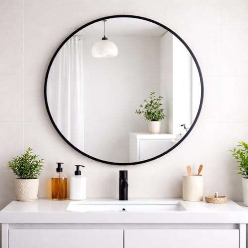 Round Metal Bathroom Mirror 80cm – Large Circular Wall Mounted