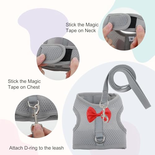 Image of Rabbit Harness and Leash Set with Cute Bow, Soft Mesh Vest Harness for Rabbits, Adjustable Bunny Vest Harnes, for Rabbits Walks Accessories(Grey)