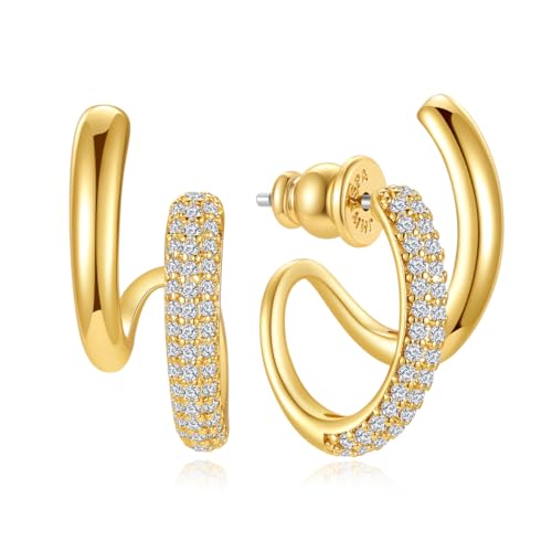 14K Gold Plated 925 Sterling Silver Post Hoop Earrings for Women | Statement Huggie Earrings Trendy Jewelry
