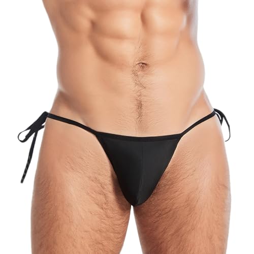 FEOYA Men’s Low Rise Swim Briefs Side Tie Bikini Thong Open Leg Beach Swimwear Adjustable String Surfing Bathing Suits Fashion Strappy Swimming Panties Black