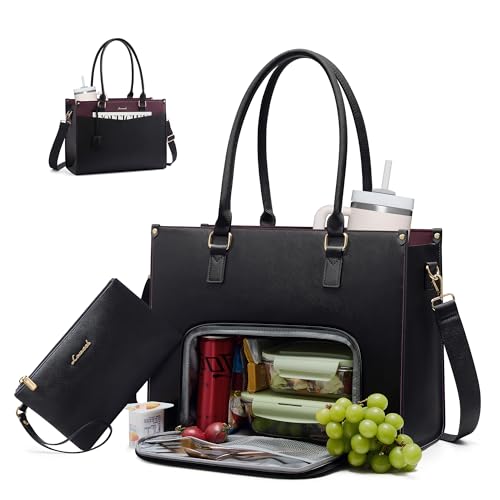 Image of LOVEVOOK Laptop Lunch Bag for Women 15.6 Inch, Waterproof Tote Purse with Cup Holder & Elegant Clutch