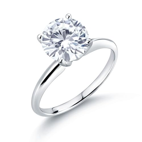 Gem Stone King 14K White Gold White Moissanite Solitaire Engagement Ring for Women | 1.90 Cttw | Round 8MM | Available In Size 5, 6, 7, 8, 9