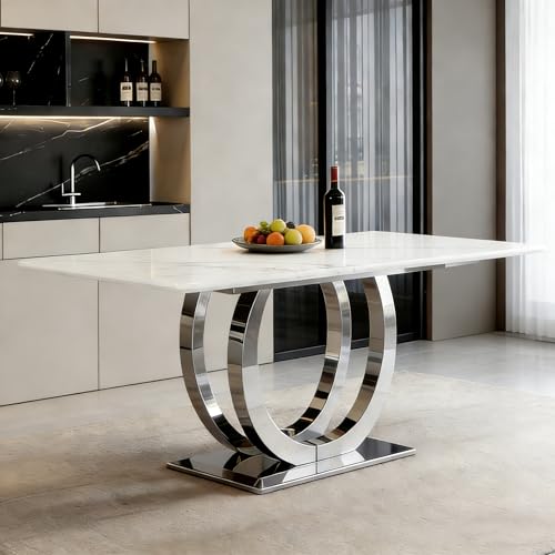 SSLine Modern White Marble Dining Table for 6-8 Rectangle 69.3"