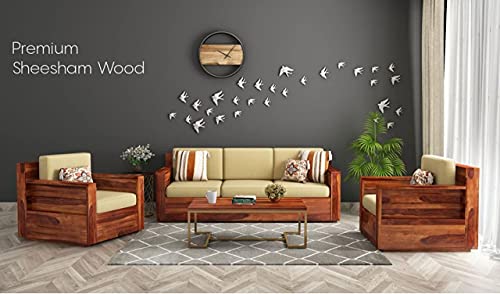 Image of Solid Sheesham Wood 5 Seater Sofa Set | Wooden 3+1+1 Seater Sofa Furniture for Bedroom Living Room Hall Office Hotel (Honey Finish)