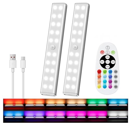 Image of Under Cabinet Light Wireless with Remote, 15 Color RGB Magnetic Led Light Bar, 48-LED Rechargeable Closet Lights, 3 Timer & 4 Modes, Stick on Lights for Kitchen, Pantry, Bedroom, Stairs