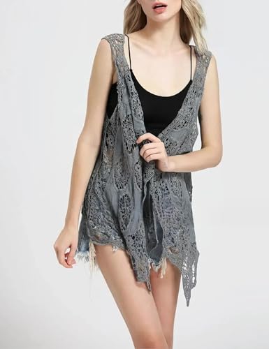 Image of Women's Floral Crochet Vest Hollow Out Open Front Vintage Boho Lace Button Sleeveless Crochet Cardigan