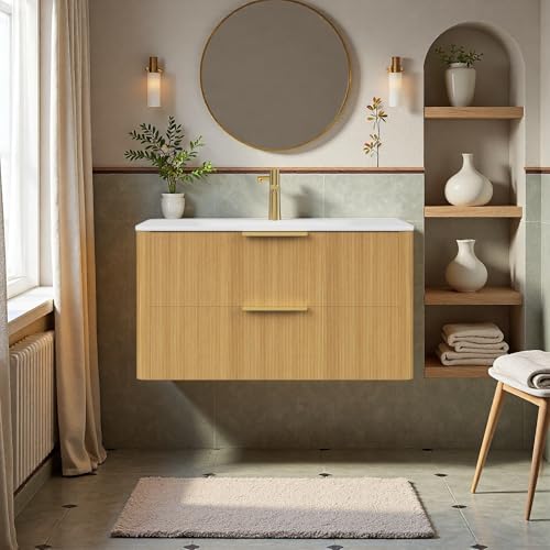 Image of 36 inch Wall-Mounted Bathroom Vanity Cabinet with Sink, Light Oak