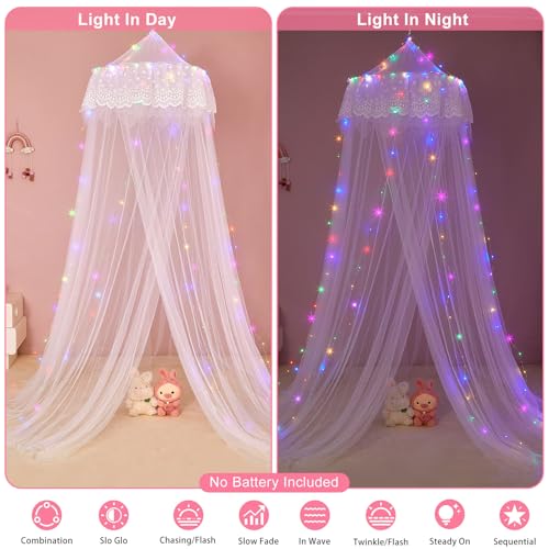 Unicorn Castle Bed Canopy for Girls Princess Canopy Bed Curtains Room Decor Dome Bed Net Canopy with Timed Light Bedroom Decor, White