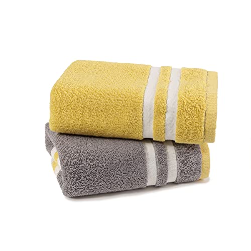 Yiluomo Hand Towels Set Of 2 100% Cotton Striped Checkered Pattern Super Soft Highly Absorbent Decorative Hand Towel For Bathroom, Kitchen 13 X 29 Inch (Yellow & Grey) #TOP4