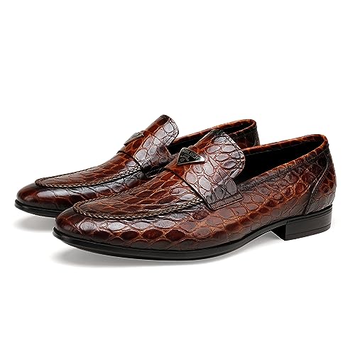 Image of Mens Dress Shoes Leather Loafer, Fashion Crocodile Printed Handmade Dress Shoes Slip on Loafer Shoes for Men