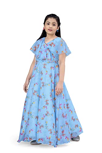 Image of Fashion Dream Girls Tabby Silk Maxi Length Ruffled Dress|Girls Maxi Dress|Long Dress|Long Gown Dress(Light Blue 7-8 Year)