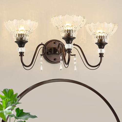 Image of Vintage Bathroom Vanity Light, 3-Light Oil Rubbed Bronze Finish Wall Sconce with Hanging Crystal Accents and Flower-Shaped Clear Glass Shades, Retro Wall Mount Vanity Light Over Mirror for Bathroom