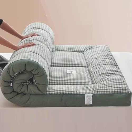 Colchón de futón japonés enrollable, cama tamaño King, plegable, suave, reductor de presión, transpirable, colchón doble para dormitorio de estudiantes, hogar (cuadros verdes, 180 x 200 cm)