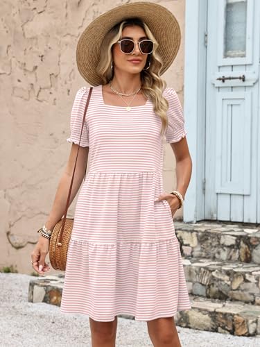 Image of ANRABESS Women Summer Square Neck Puff Short Sleeve Mini Dress 2026 Casual Flowy Sundress Beach Vacation Clothes with Pockets