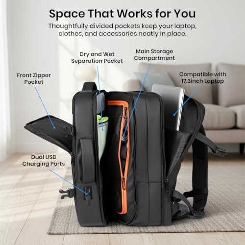 Image of 35L Expandable Anti-Theft Laptop Bag for Men & Women - Waterproof Travel Backpack with USB Port, Fits 17 inch Laptop, 3-in-1 Convertible Duffel Bag for Office, School, Business & Daily Use