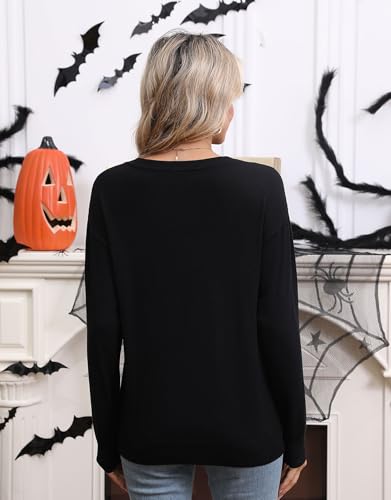 Image of Women's Lightweight Thin Knit Sweater Long Sleeve Crew Neck Boo Pattern Halloween Pullover (Black 76,Large)