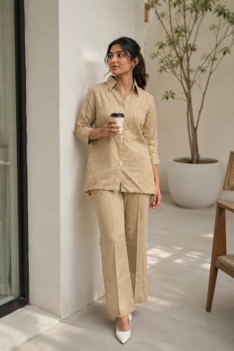 Image of Cotton Co-ord Set for Women | With Long Sleeves | Lace Back Panel | Relaxed Fit | Casual Wear | Office Outfit | Lounge | Travel