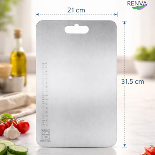 Image of RENVA Stainless Steel Cutting Boards for Kitchen, Double Sided Food-Grade 304 Chopping Board for Meat, Fruit & Vegetable, Rust Resistant Hangable Cutting Board(31x21 cm Silver)