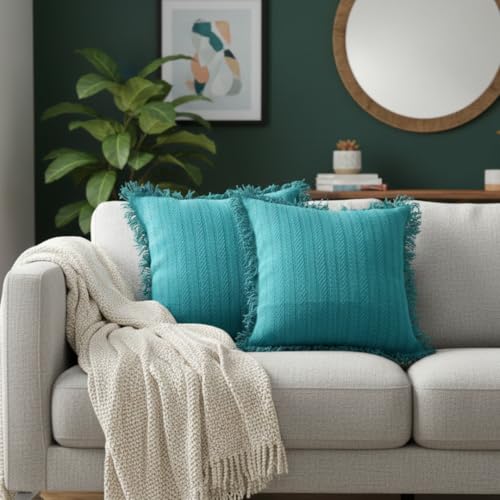Image of Teal Blue Cushion Covers - 16x16 Inch | Set of 2 | Hand-Woven Fringed Cotton Decorative Covers for Sofa, Living Room & Bedroom Decor | Square Shape Cushion Cases