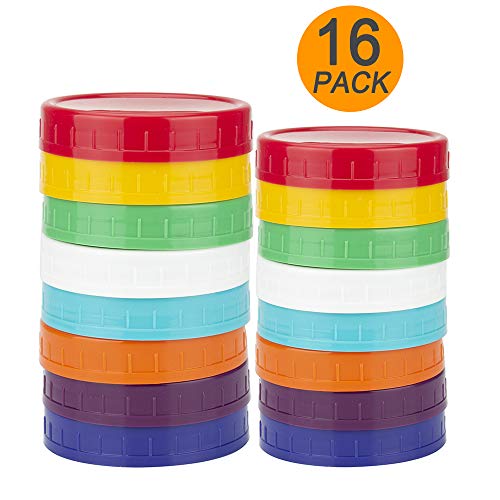 Updated 16 Pack Plastic Mason Jar Lids - Colored Mason Jar Caps 100%