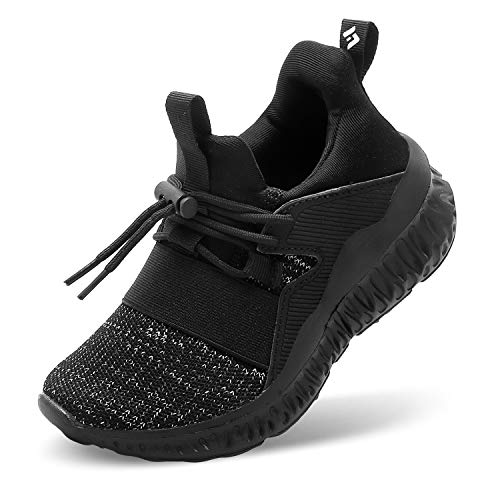 FEETCITY Toddler Sneakers Boys Girls Running Athletic Shoes Lightweight Breathable Walking Shoes Cool Style Kids Non-Slip Soled 5 Big Kid LaceBlack
