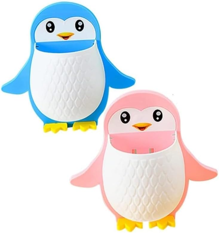 Kesi Home Wall Mounted Penguin Design Toothpaste Holder Self Adhesive Storage Wall Mount Toothbrush Holder Remote and Mobile Stand