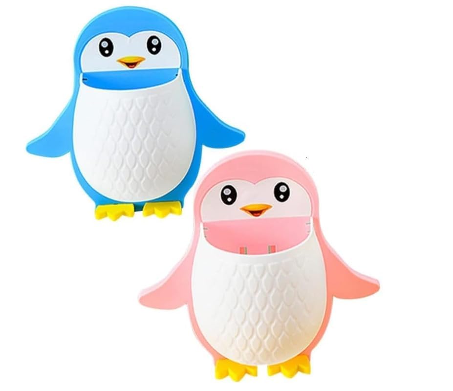 Kesi Home Wall Mounted Penguin Design Toothpaste Holder Self Adhesive Storage Wall Mount Toothbrush Holder Remote and Mobile Stand