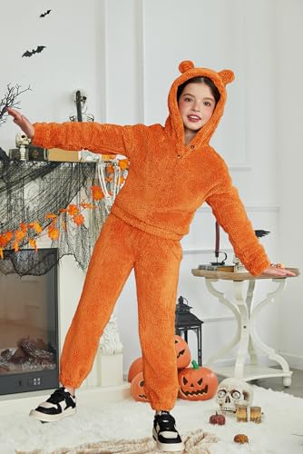 Image of Arshiner Girls 2 Piece Outfits Sweatsuit Fuzzy Long Sleeve Bear Ear Hoodie Sweatshirt and Sweatpant Kids Clothing Sets