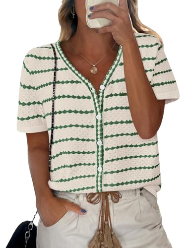 NALANISA Crochet Tops for Women V Neck Short Sleeve Sweater Lightweight Summer Knit Tops Shirts Dressy Casual Blouses (Green,L)