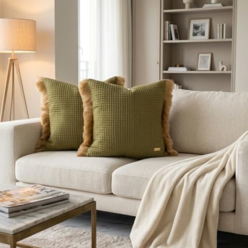 Image of Cotton Cushion Covers 16x16 Inch | Handwoven Olive Green Decorative Square Cushion Case with Fringe | Sofa, Living Room, Bedroom, Diwan Home Decor Throw Cushion Cover