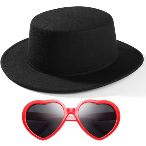 SpareCruise Kids Fashion Classic Black Fedora Hats + Red Heart Sunglasses Costume Outfit - Flat Wide Brim Church Cap Jazz for Girls