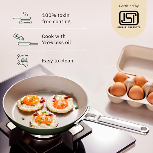 Image of Ember Cookware Arcilla Ceramic Frying Pan 20 cm with Glass Lid | 75% Less Oil Usage | Non-Toxic Non-Stick Pan for Cooking | PFAS & PFOA Free | Steel Handle- Induction Cookware | Egg Pan | Green