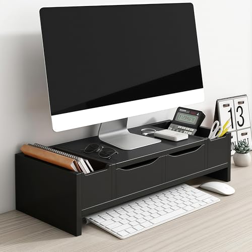 Supporto per monitor in legno con cassetto a 2 livelli, salvaspazio, per TV Comter e TV a schermo piatto, per uso domestico e ufficio
