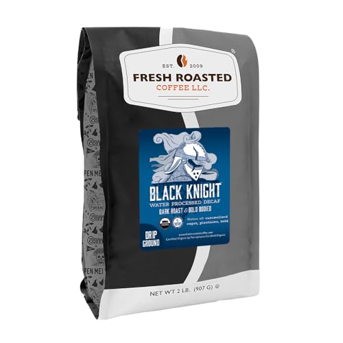 Image of Fresh Roasted Coffee, Organic Black Knight Water-Processed Decaf Drip Ground Coffee, Dark Roast, USDA Organic, Kosher, 2 lb (32 oz)