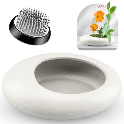 Ikebana Flower Frog Vase Set 40mm Stainless Steel Florist Frog for Arrangements and Ceramic Water Drop Pot Elegant Ikebana Flower Holder for Cut Flowers Floral Decor Kit(White Small Size)