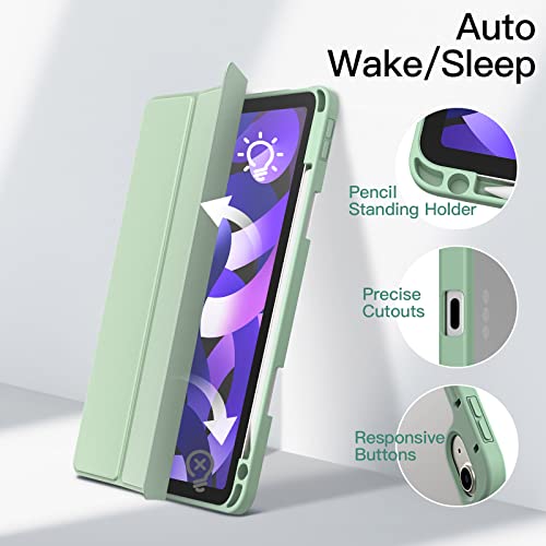 JEDirect Case for iPad Air 5th Generation (2022) & 4th Generation (2020), 10.9 Inch, Pencil Holder, Clear Back Shell, Slim Cover, Stand Function, Auto Wake/Sleep, Shock Absorption, Matcha Green