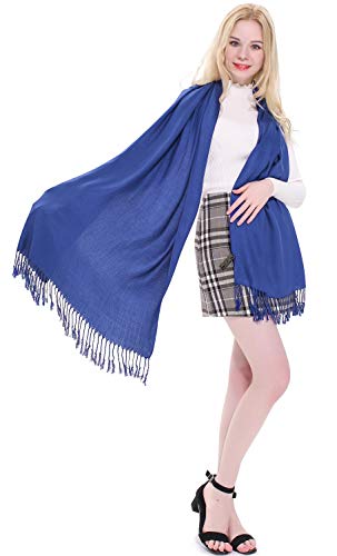 CJ Apparel Federal Blue Solid Color Tassels Design Nepalese Shawl Scarf Wrap Stole Throw Head Wrap Pashmina Hand Made in Nepal New4