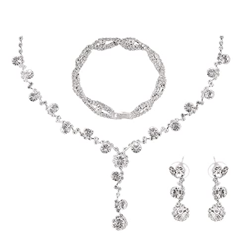 Unicra Bride Wedding Jewelry Sets Crystal Bridal Necklace Bracelet Earrings Set Silver Prom Costume Jewelry Set Rhinestone Choker Necklace for Women and Girls