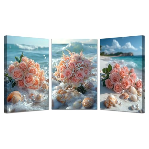 Tableau océanique nature BOHUO triptyque 40x60cm encadré rose pour décoration de salon et cuisine