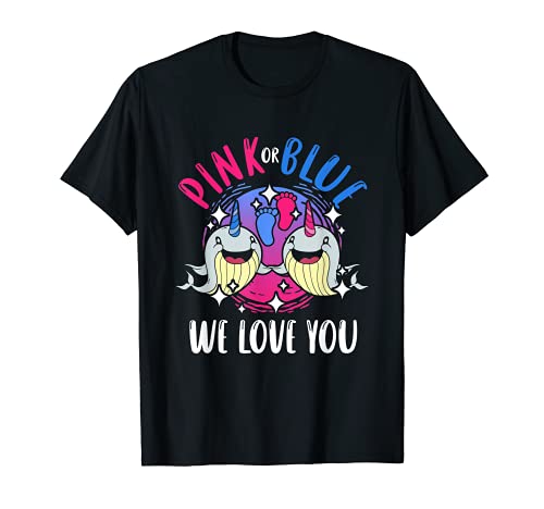 Pink Or Blue We Love You Baby Whales Gender Reveal T-Shirt, Black