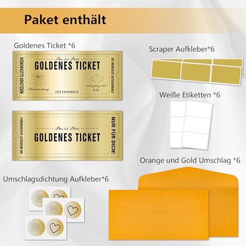 6 Stück Goldene Ticket Gutschein zum selber ausfüllen mit Rubbelaufkleber Rubbelkarte zum beschriften Gutscheinkarte Reisegutschein Kinogutschein Geburtstagskarte Geschenk für Frauen Freundin Freundin