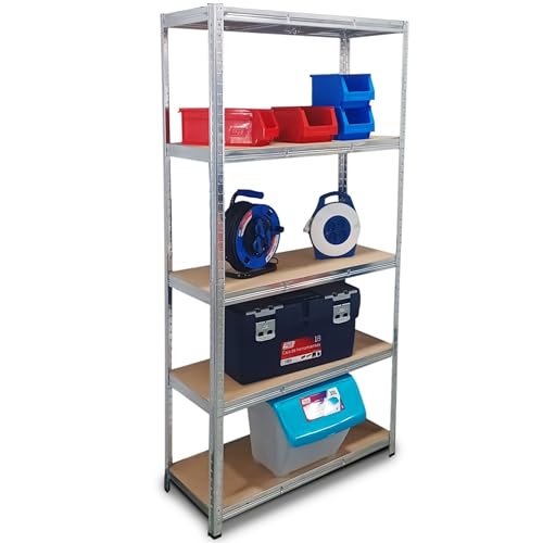 Tayg Estanteria Metalica - Estanteria Galvanizada, 5 Baldas, Doble Refuerzo por Balda, Estanterias Almacenaje y Pared, Estanteria Cocina, Organizador Herramientas,Color Gris Aluminio, 180x90x40 cm