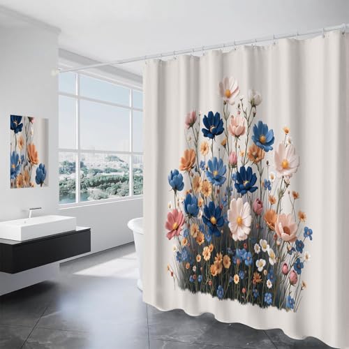 UOMSKTY Shower Curtain 150Ã—180cm/59Ã—71 In, Waterproof Weighted Polyester Fabric Bathroom Curtain, Easy to Clean Minimalist Wildflowers Watercolor Floral Bath Curtains with 10 Hooks,for Tub Enclosure
