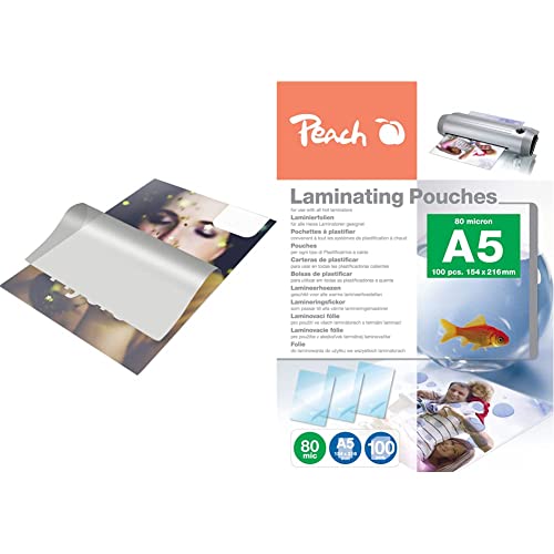 Albyco Laminiertasche A4 | Kunststofffolie Laminierfolie glänzend 100 Stück Stärke 2 x 80 (160 Mikron), AMLSA480100 & Peach PP580-03 Laminierfolien A5, 80 mic, 100 Stück Cover