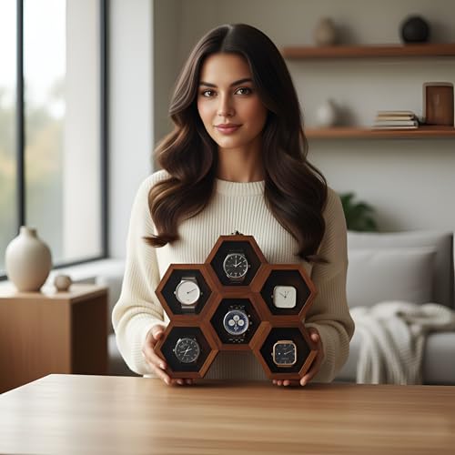 Image of Vintage Wooden Watch Box for Men, Timepiece Display Case, Honeycomb Watch Storage & Organizer, Jewlery Box for Women, Anniversary Gift For Husband (6 Compartment (Other Design))