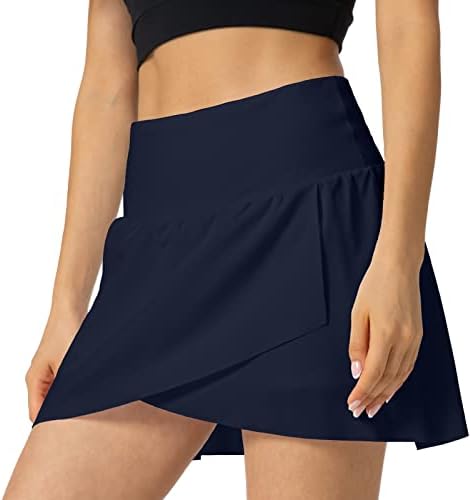 Haowind High Waisted Tennis Skirts for Women Flowy Layered Golf Skort with Liner Shorts Workout Athletic Skirts with Pockets (Navy Blue M)