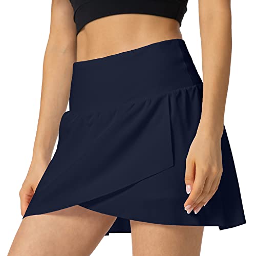 Haowind High Waisted Tennis Skirts For Women Flowy Layered Golf Skort With Liner Shorts Workout Athletic Skirts With Pockets (Navy Blue M) #TOP21