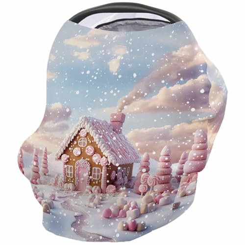 Nursing Cover for Breastfeeding Scarf, Light Pink Dreamy Candy House Falling Snow Baby Car Covers Super Soft Multi Use for Canopy Shopping Cart Cover Blanket Stroller Cover